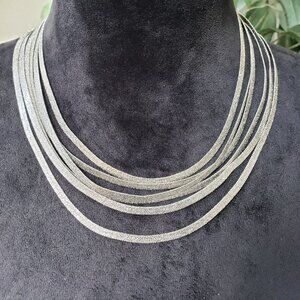 Womens Silver Tone Six Strand Herringbone Chain Collar Necklace w/ Lobster Clasp